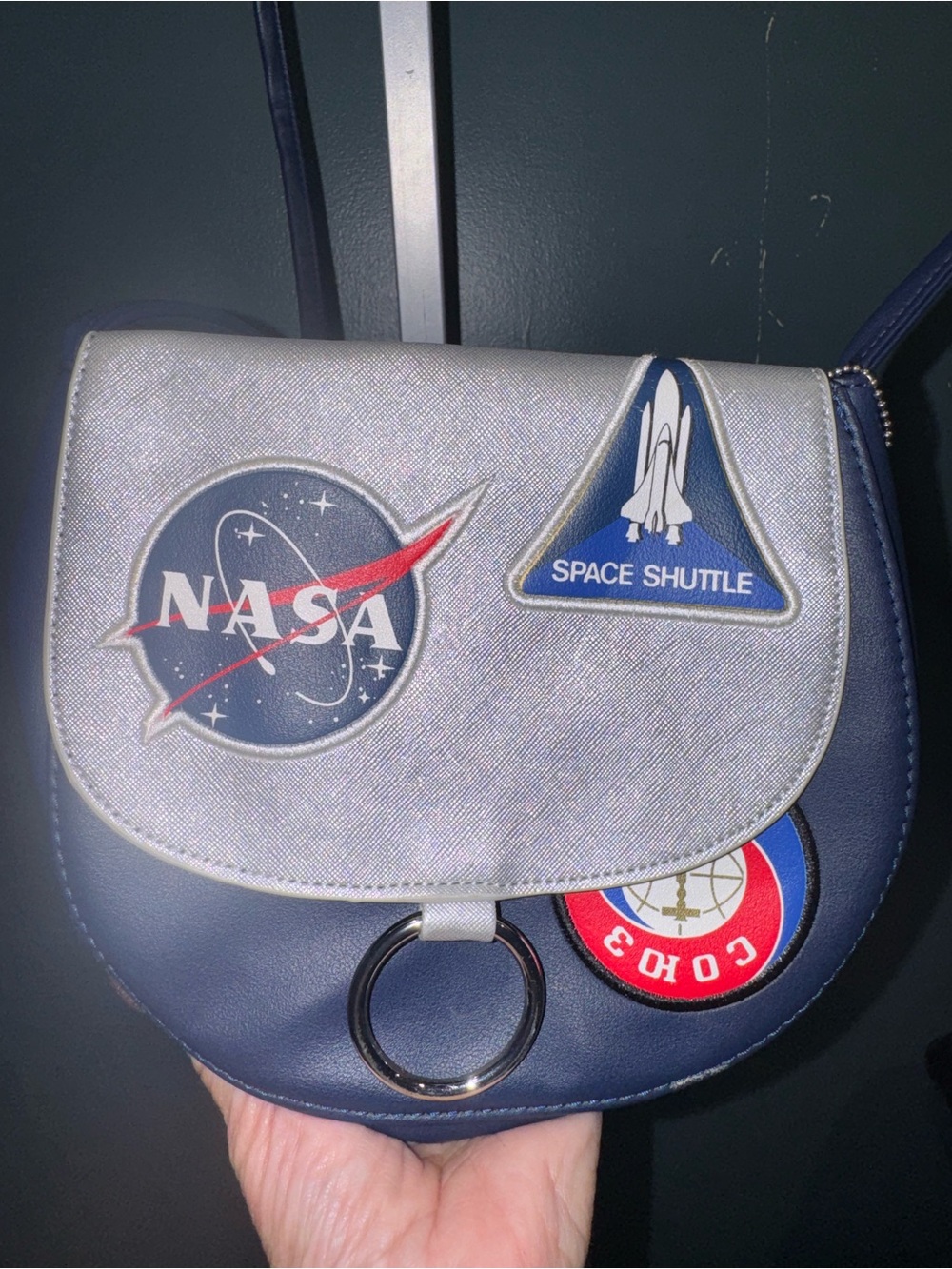Buzz Aldrin NASA Patch Saddle Shoulder Bag - Navy/Silver with change bag